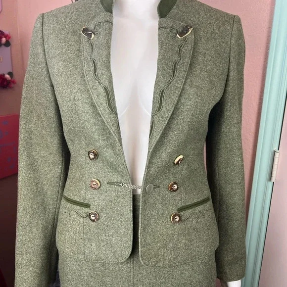Vintage Lodenfrey Green German Austria Wool Cropped Military Jacket & Skirt Suit - Picture 4 of 16